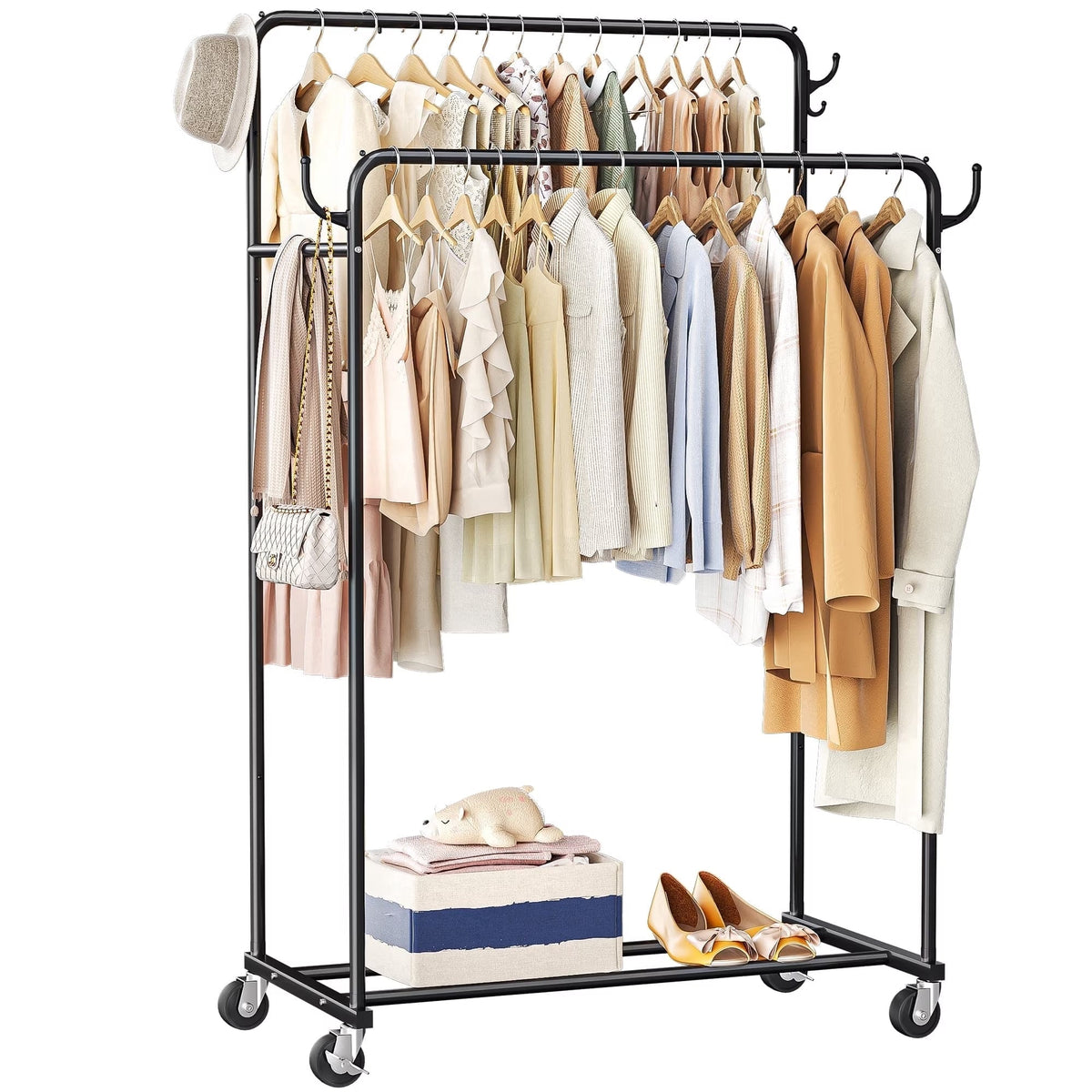 Atergens Clothes Rack, Rolling Clothing Rack with Double Rods for Hanging Clothes