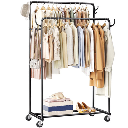 Atergens Clothes Rack, Rolling Clothing Rack with Double Rods for Hanging Clothes