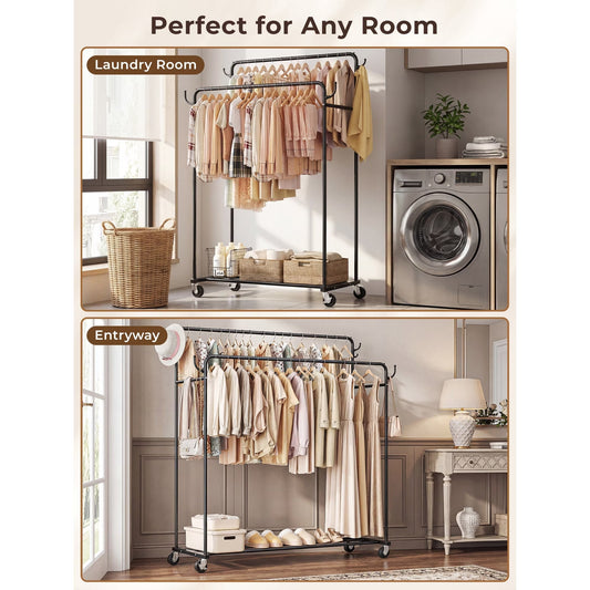 Atergens Clothes Rack, Rolling Clothing Rack with Double Rods for Hanging Clothes