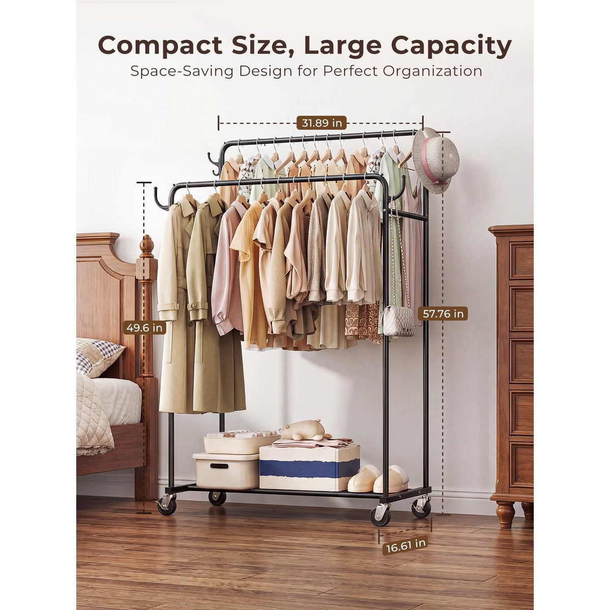 Atergens Clothes Rack, Rolling Clothing Rack with Double Rods for Hanging Clothes