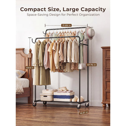 Atergens Clothes Rack, Rolling Clothing Rack with Double Rods for Hanging Clothes
