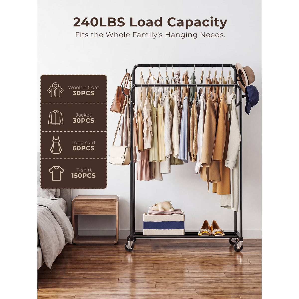 Atergens Clothes Rack, Rolling Clothing Rack with Double Rods for Hanging Clothes