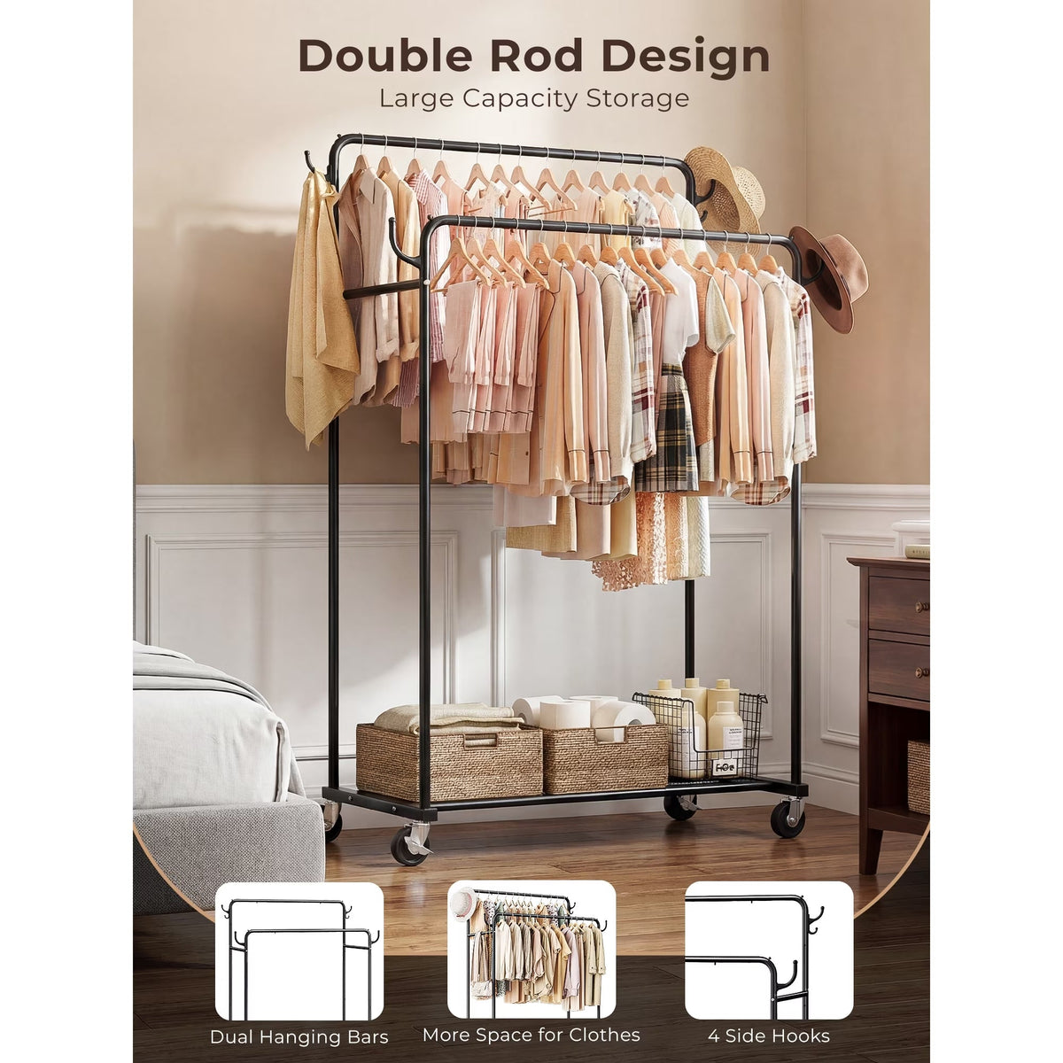 Atergens Clothes Rack, Rolling Clothing Rack with Double Rods for Hanging Clothes