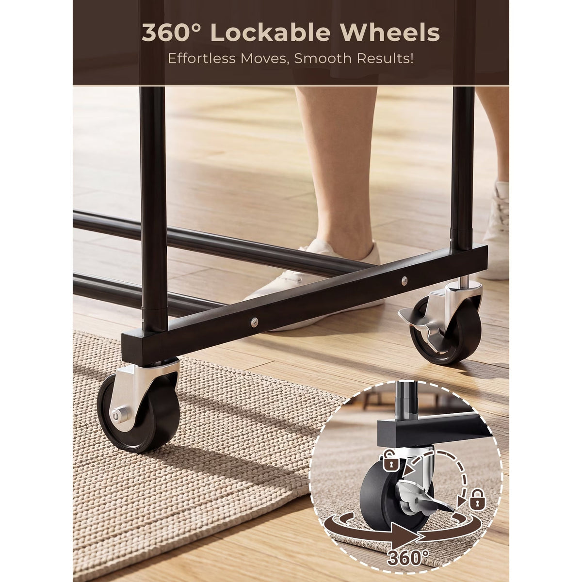 Atergens Clothes Rack, Rolling Clothing Rack with Double Rods for Hanging Clothes
